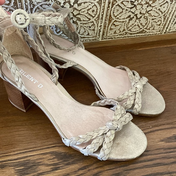 Anthropologie Silent D pale gold braided leather sandals block heel ankle strap - Picture 1 of 6